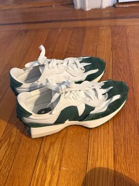New Balance 327 White and Forest Green Suede Accent Sneakers